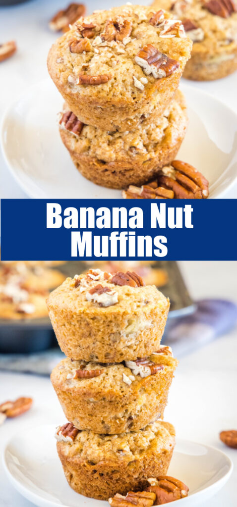 close up stacked banana muffins on a white palte