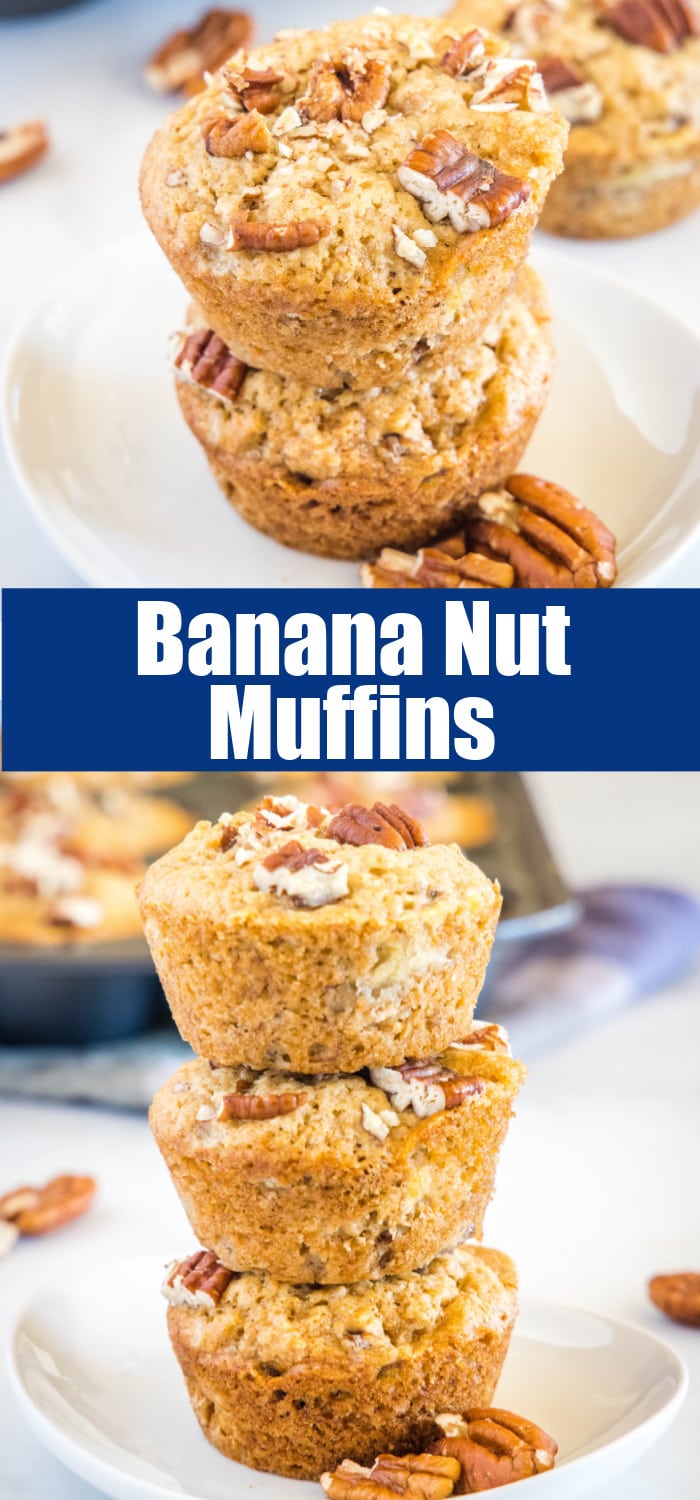 close up stacked banana muffins on a white palte