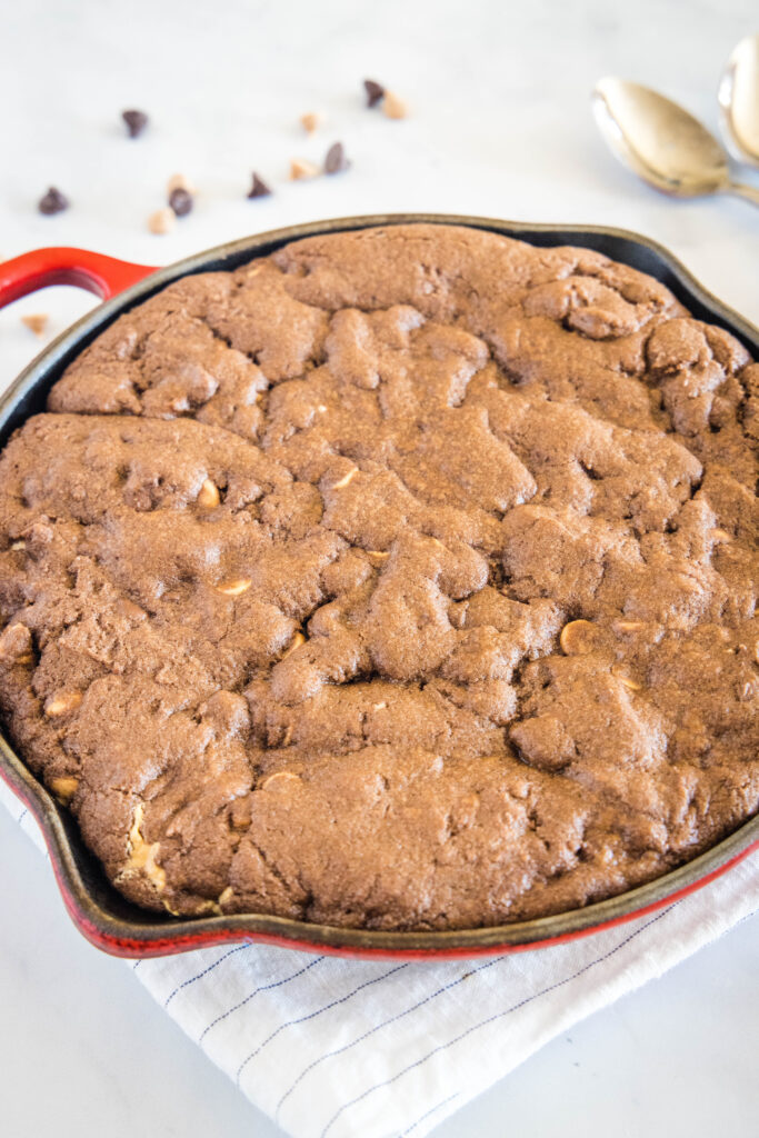 baked chocolate and peanut butter skillet cookie