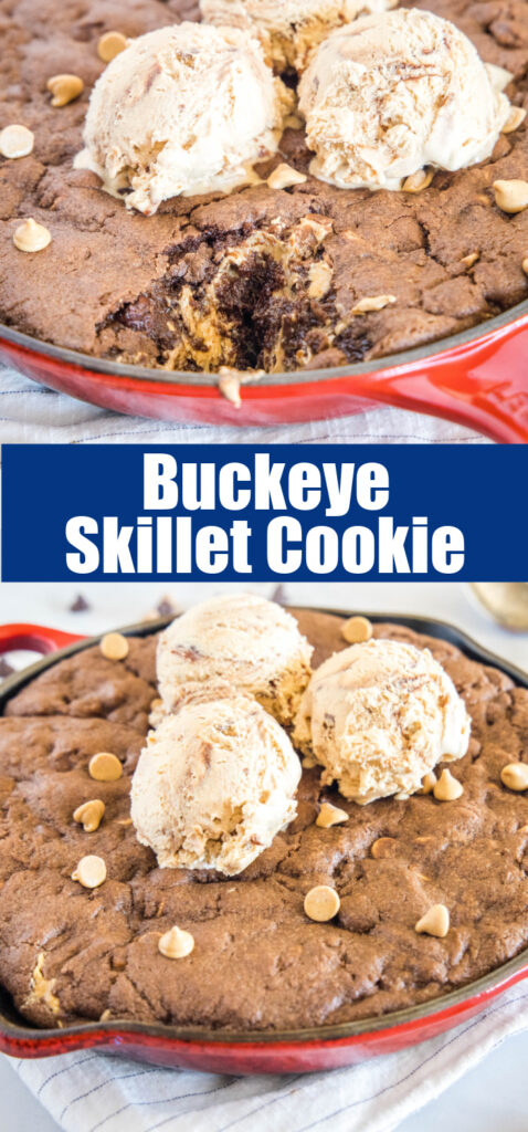 close up chocolate and peanut butter skillet cookie for pinterest