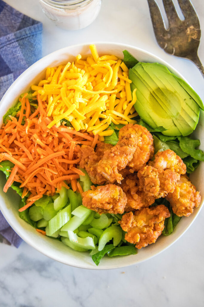 looking down on bowl of buffalo chicken salad