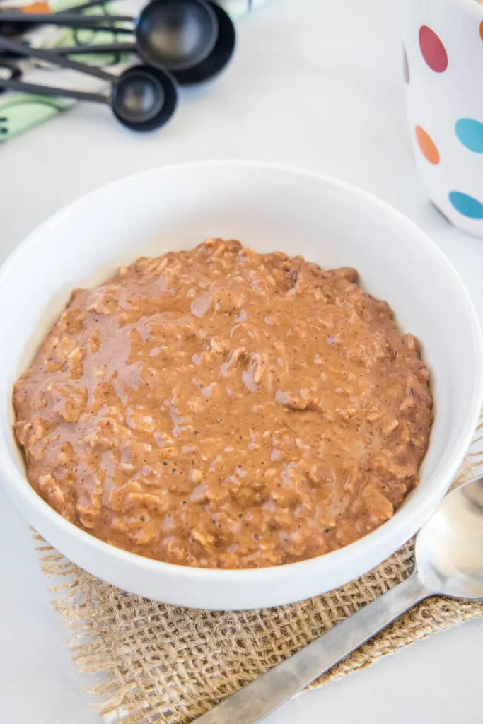 chocolate oatmeal in a white bowl