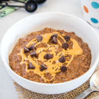 cropped close up of chocolate and peanut butter oatmeal