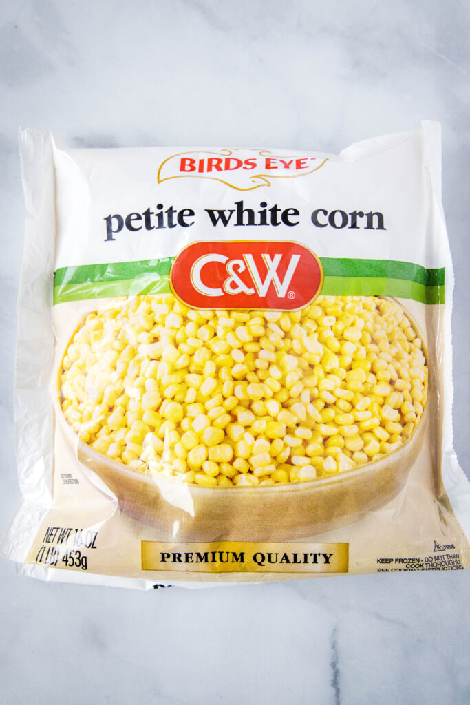 a bag of frozen white sweet corn