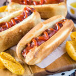 cropped in close up of air fryer hot dog with ketchup