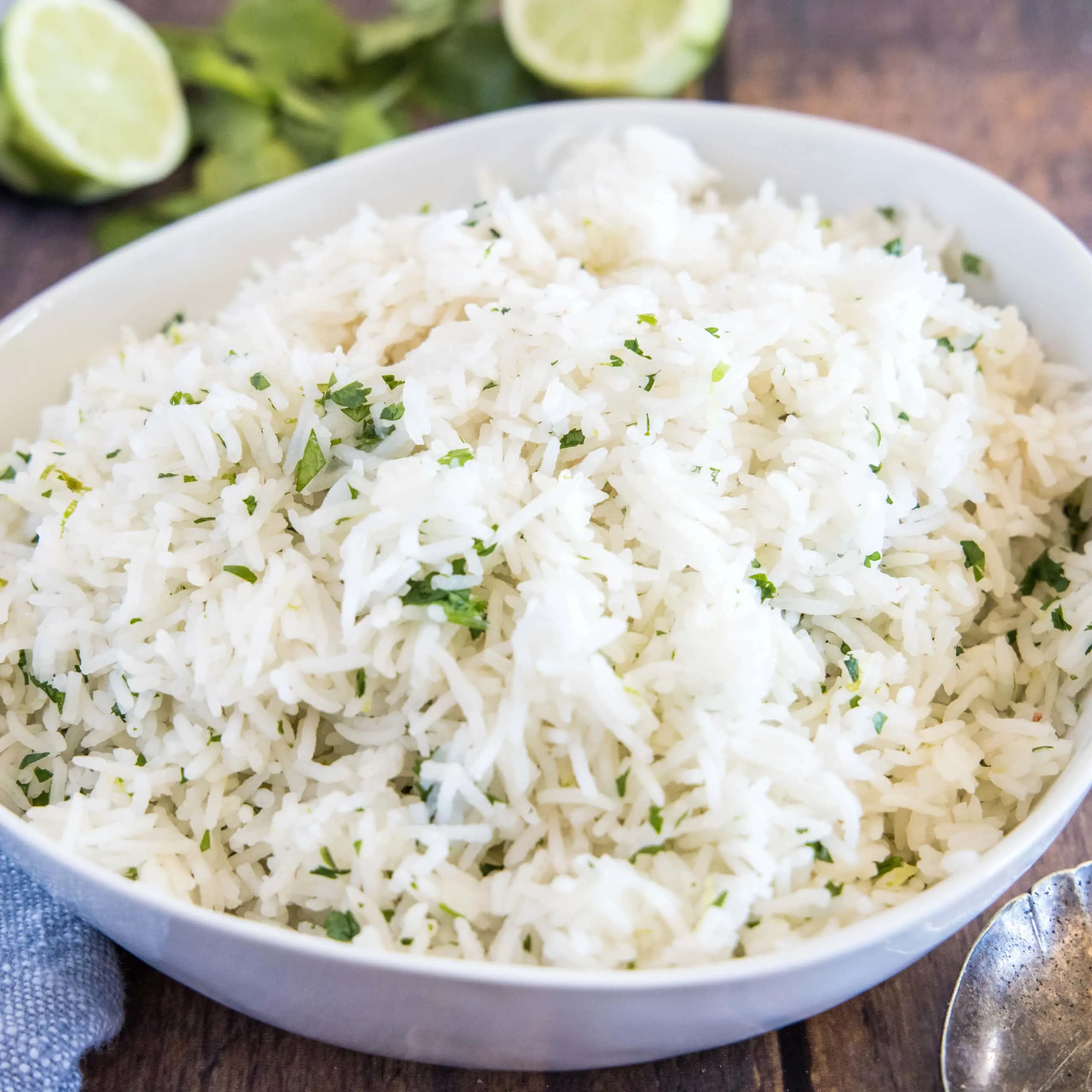 close up cilantro lime rice in a white bowl