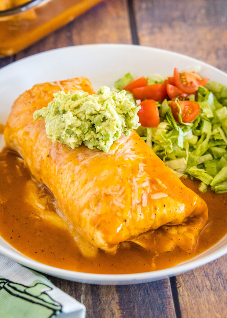 wet burritos on a plate topped with guacamole