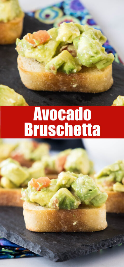 close up avocado bruschetta on a board