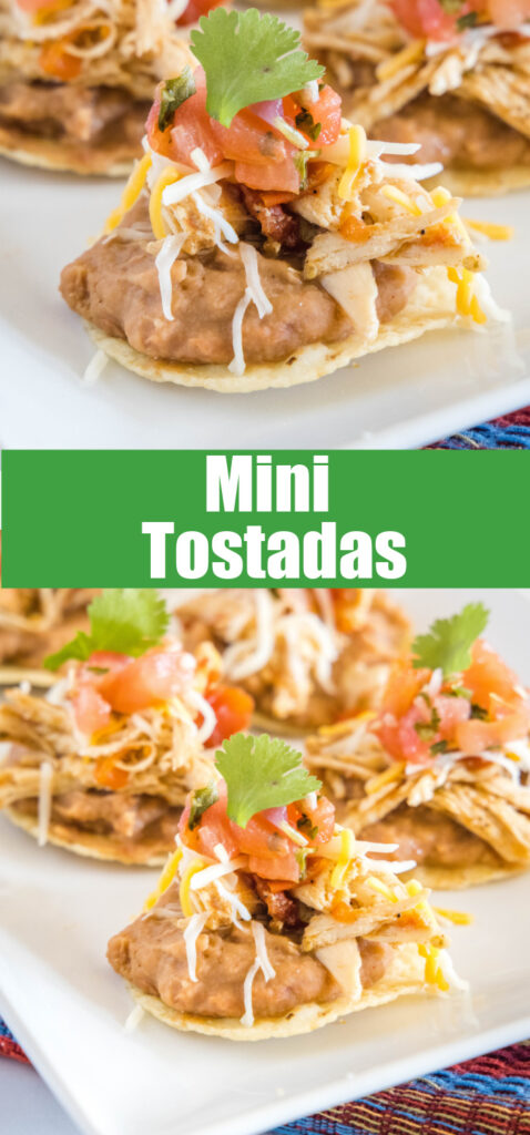 close up mini chicken tostadas on a white plate