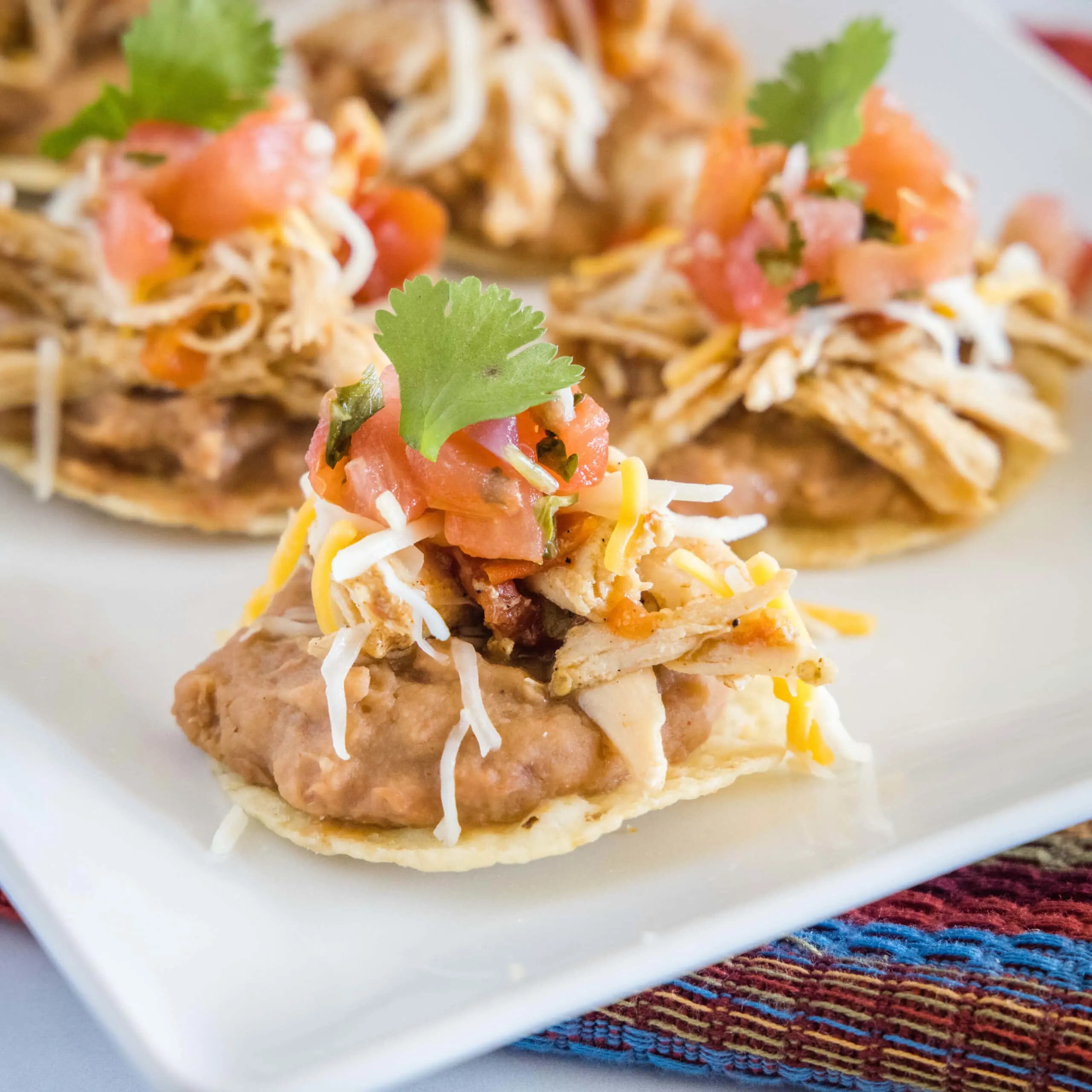 mini tostada bites on a white plate