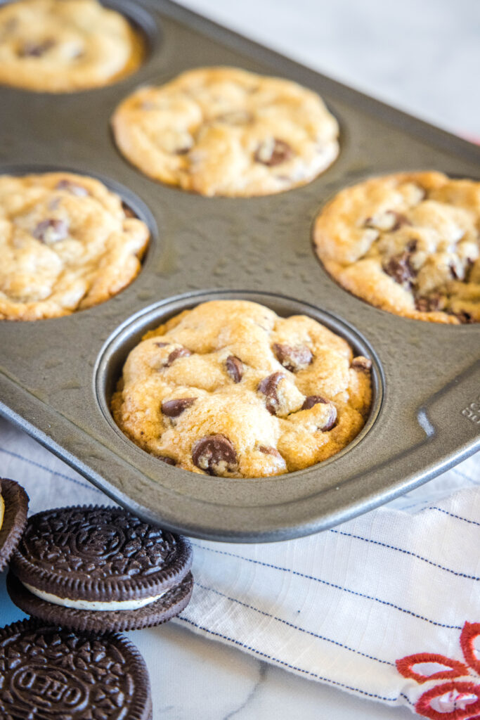 cookie baked in a muffin tin oreo stuffed chocolate chip cookies - Oreo Stuffed Cookies 4 683x1024 - Oreo Stuffed Chocolate Chip Cookies