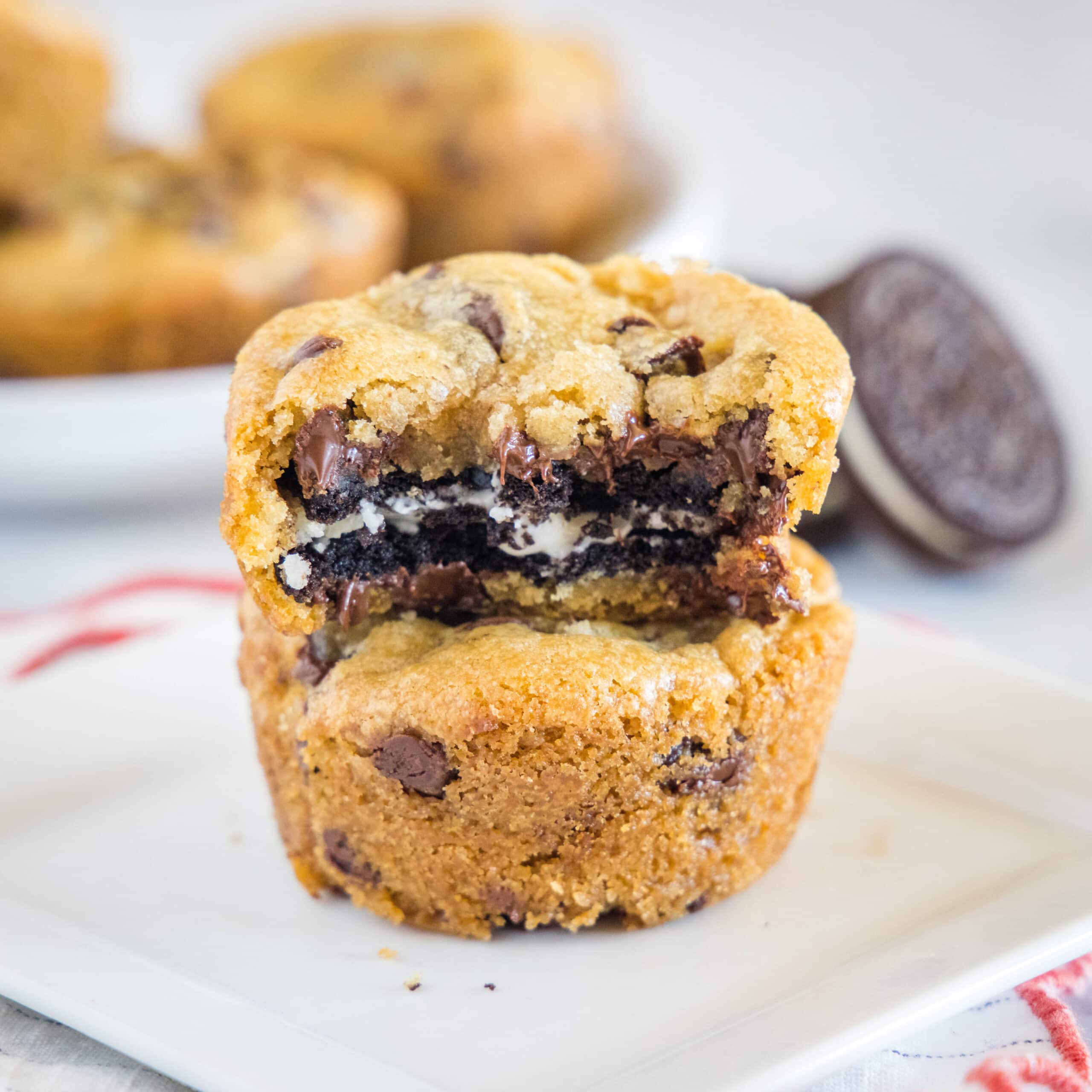 close up oreo stuffed cookie with a bite taken out of it