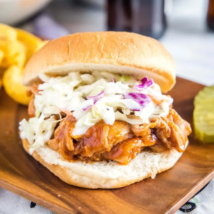 close up pulled pork and coleslaw on a bun