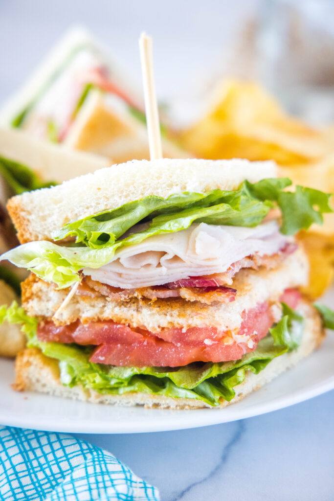 close up of turkey club sandwich on a plate