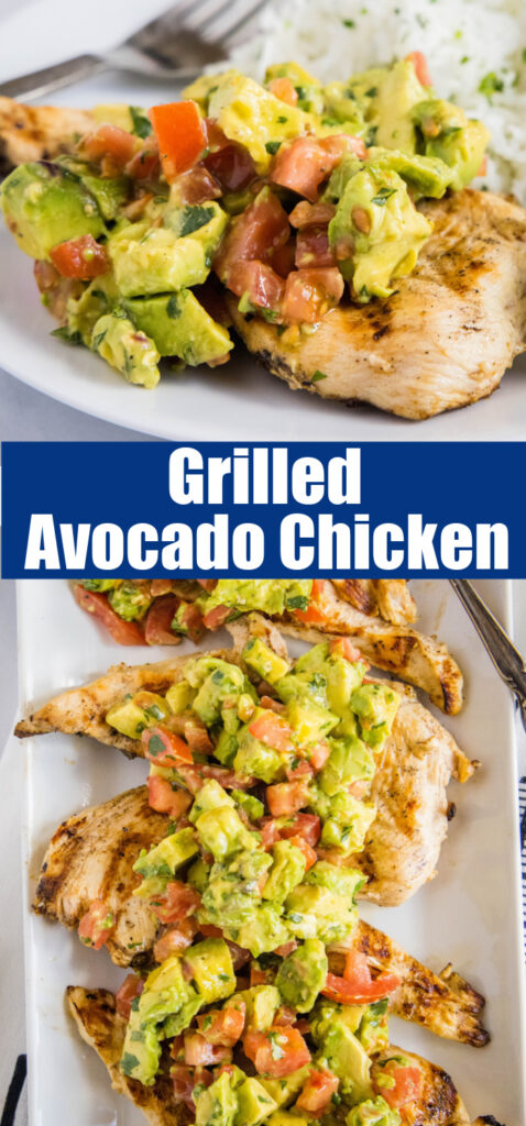 grilled chicken topped with avocado salsa close up