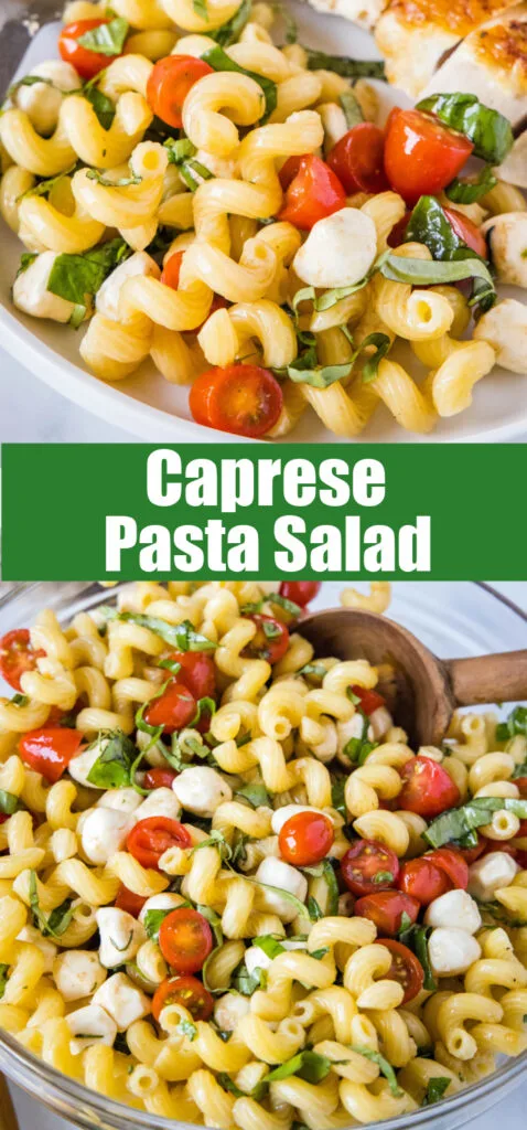 close up caprese pasta salad for pinterest