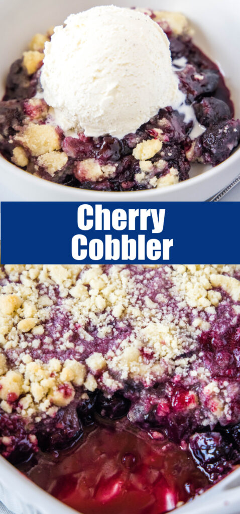 close up of cherry cobbler in white dish