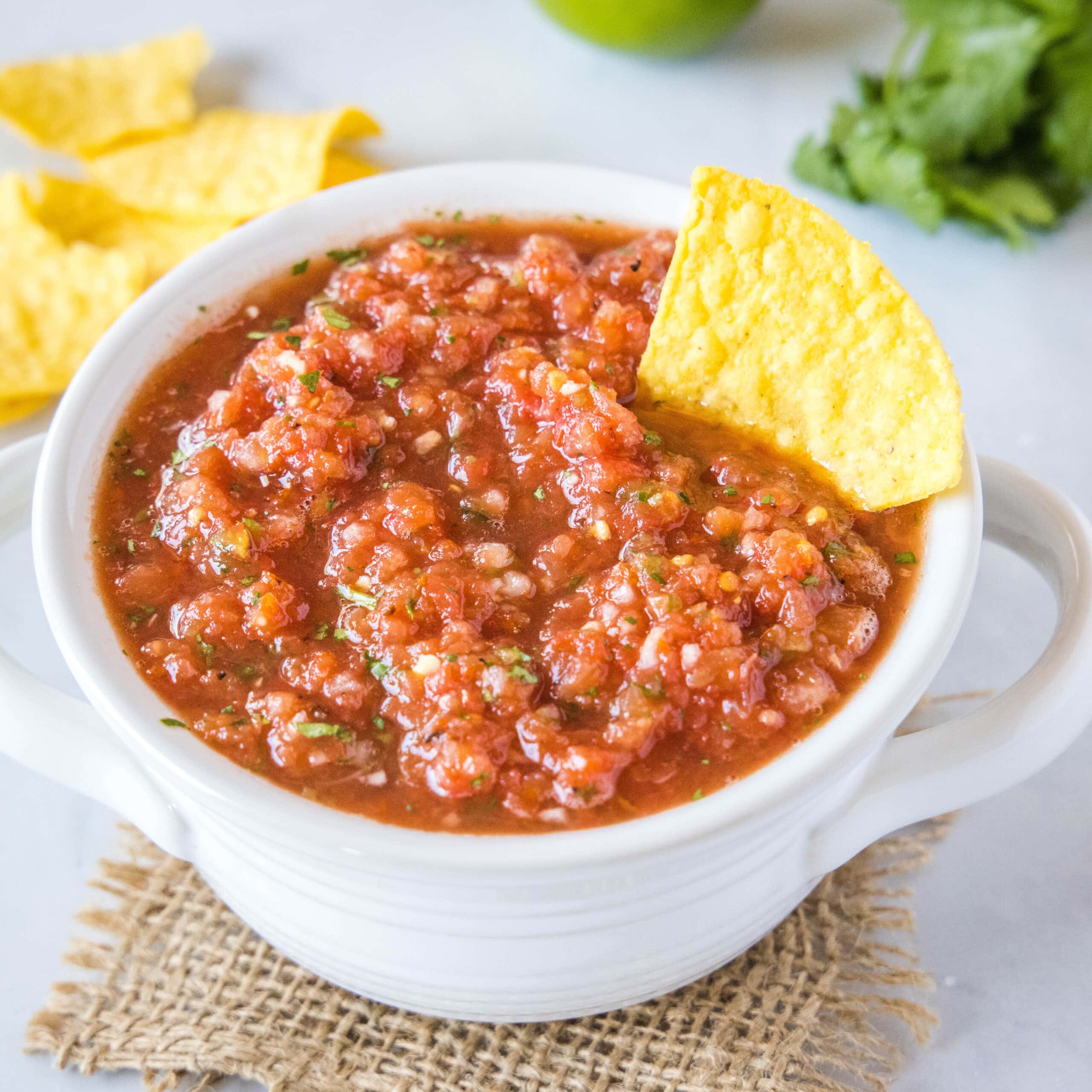 close up salsa with tortilla chips