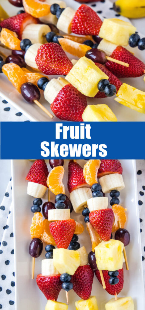 looking down on fruit skewers on a white plate