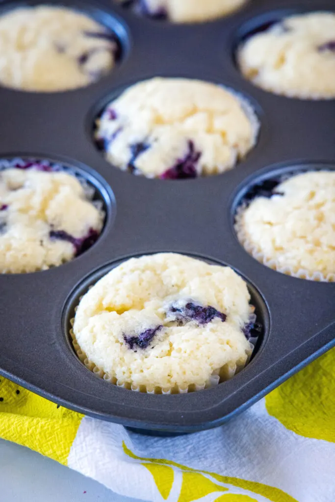 baked lemon blueberry muffins in baking pan