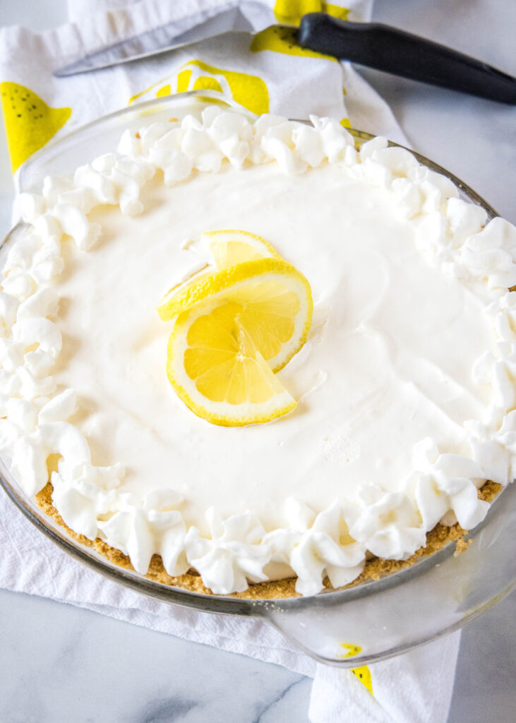 creamy lemonade pie in a pie plate