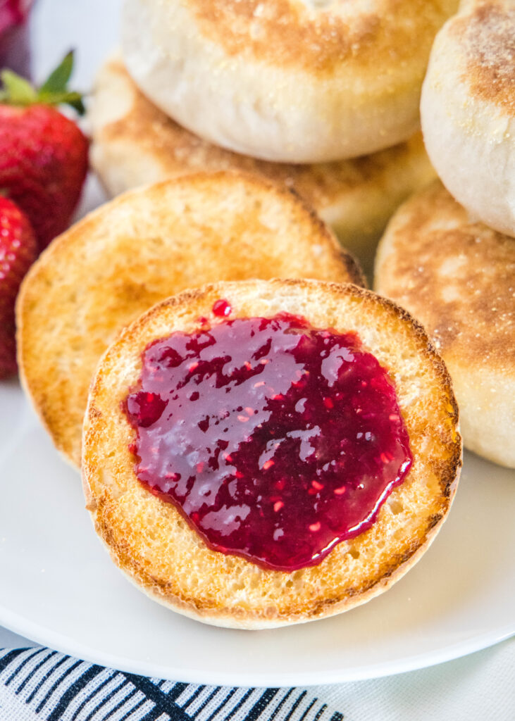 berry jam on an english muffin