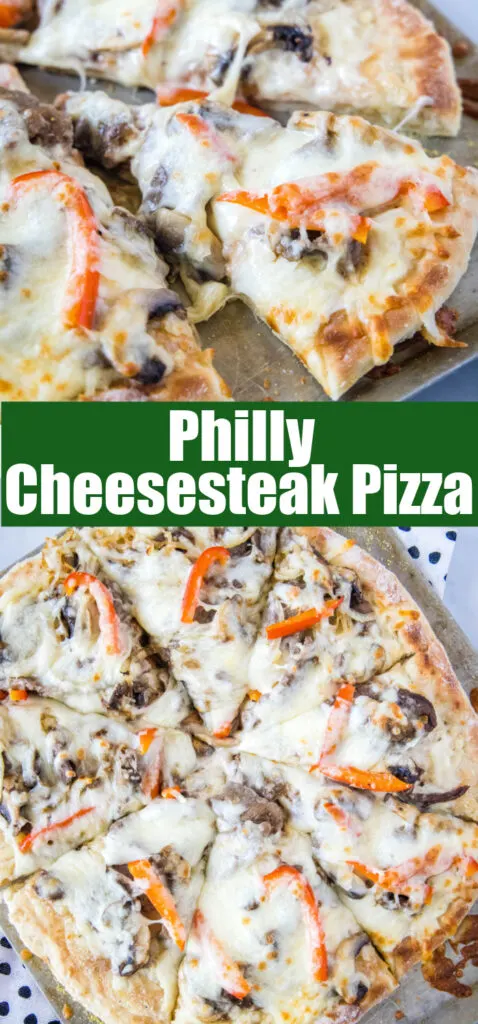 close up sliced philly cheesesteak pizza