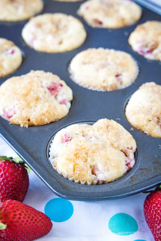 strawberry rhubarb muffins in muffin tin