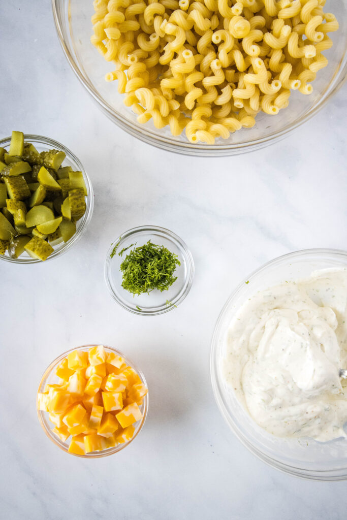 ingredients for dill pickle pasta salad