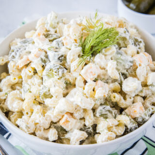 cropped square image of dill pickle pasta salad