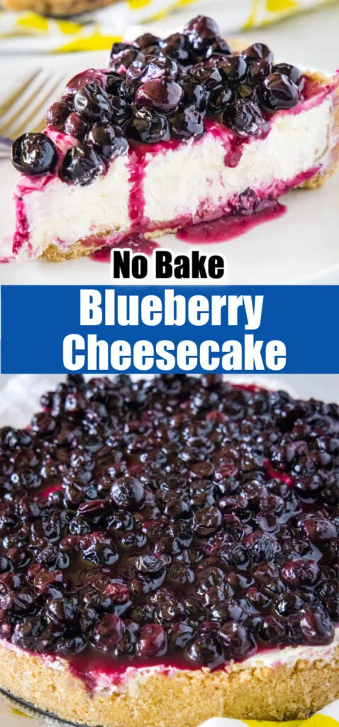 close up no bake blueberry cheesecake for pinterest