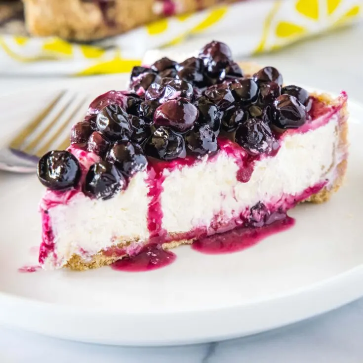 cropped square image of a slice of cheesecake topped with blueberries