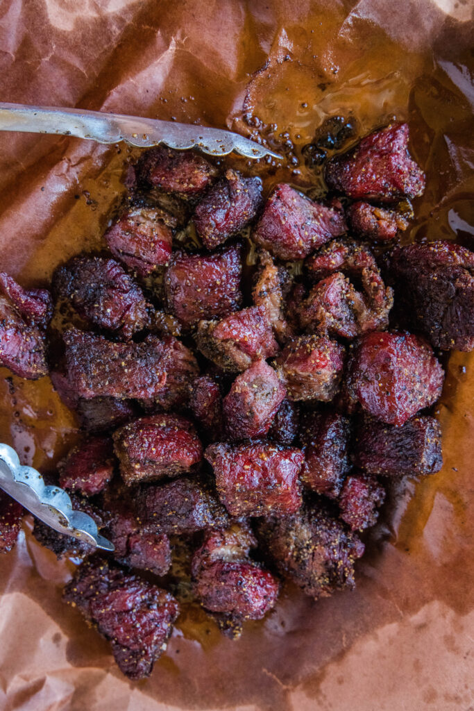 cooked burnt ends on butcher paper