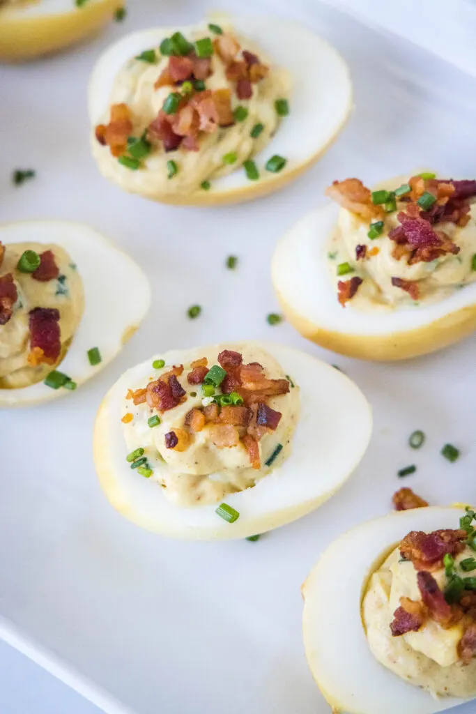 looking down on a platter of deviled eggs