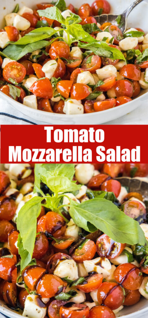 close up of tomato mozzarella salad in a white bowl