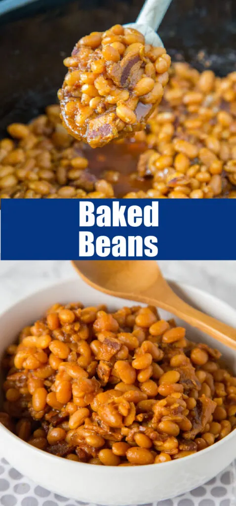 close up baked beans in a white bowl 