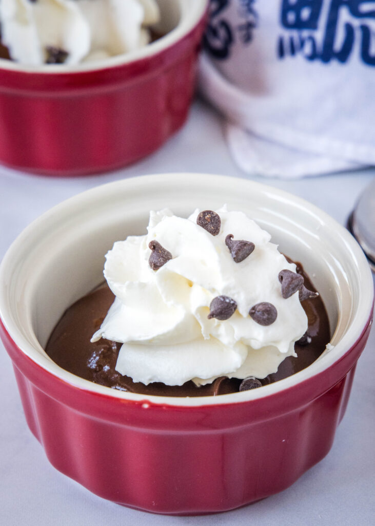chocolate tofu pudding in a red bowl