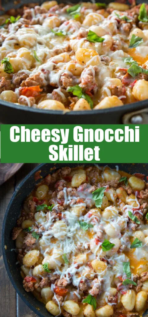 skillet with gnocchi covered in cheese