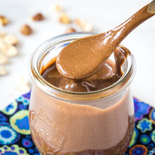 close up of a spoonful of homemade chocolate hazelnut spread