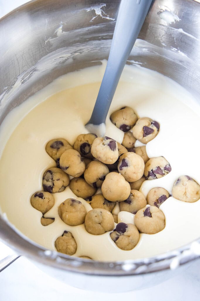 cookie dough balls in cheesecake batter