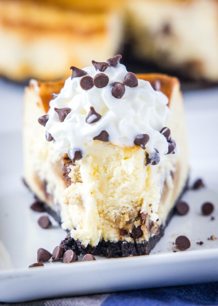 cookie dough cheesecake with a bite missing