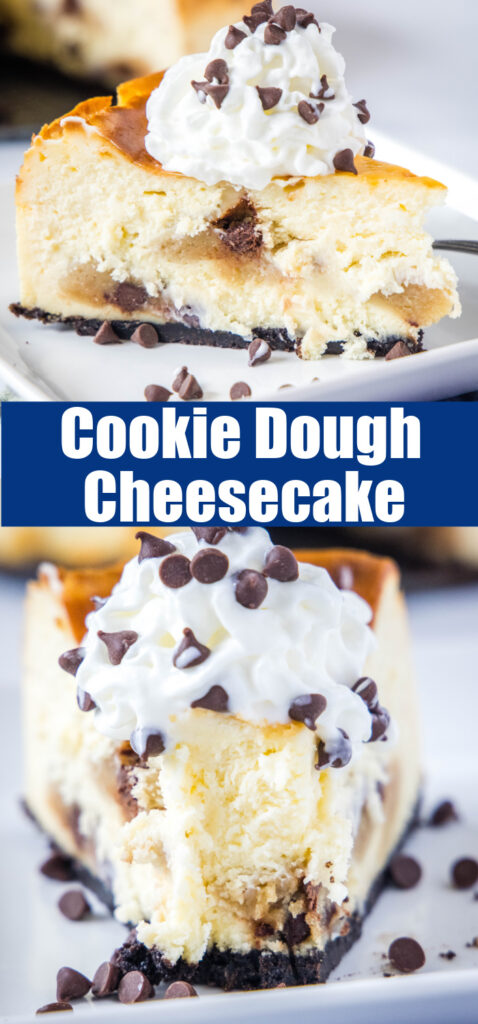 cookie dough cheesecake on a white plate close up for pinterest