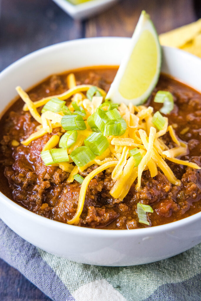 beef chili in a white bowl