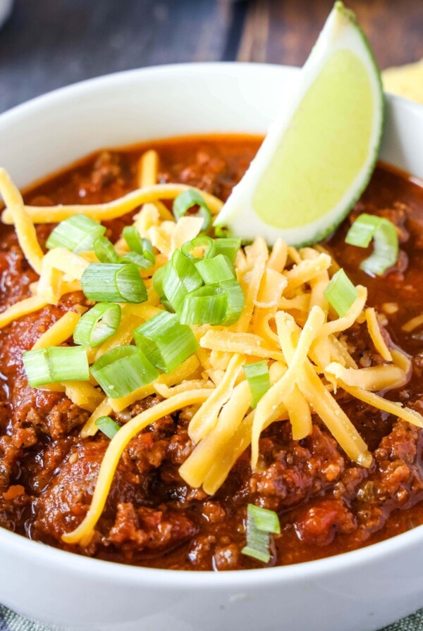 close up bowl of beef chili