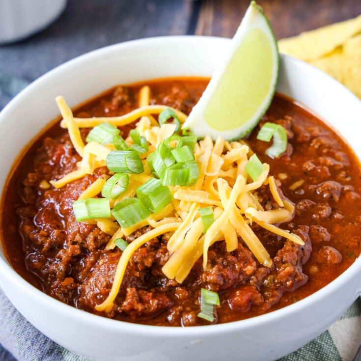 close up bowl of beef chili