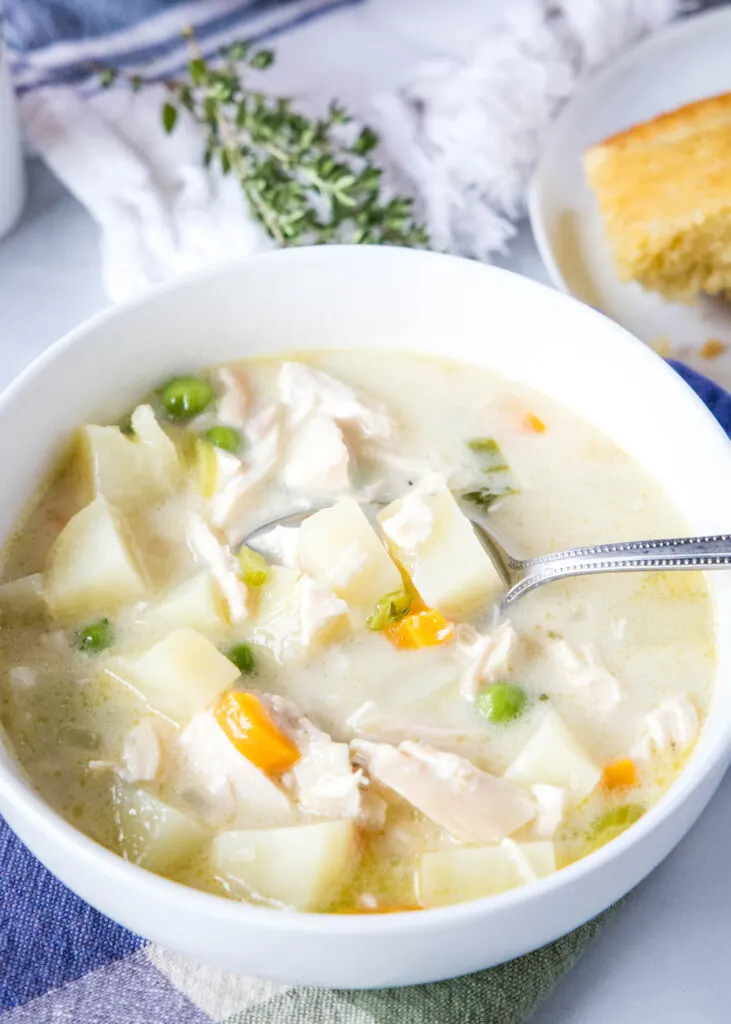 a spoon in a bowl of chicken pot pie soup