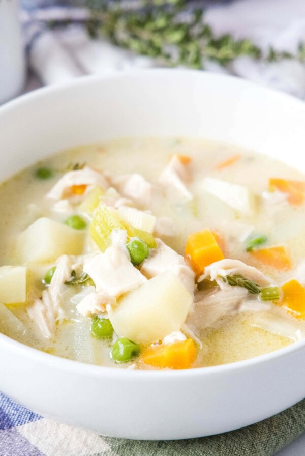 close up chicken pot pie soup in a bowl