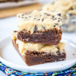 cropped close up brownies topped with cookie dough frosting
