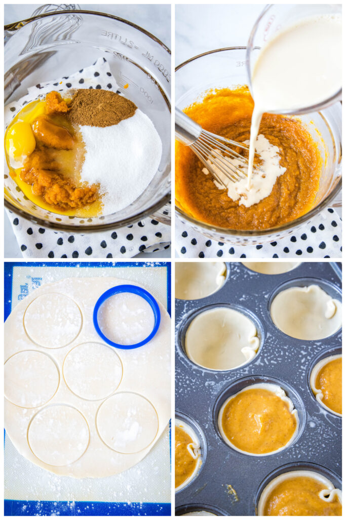 step by step photo collage of how to make mini pumpkin pies