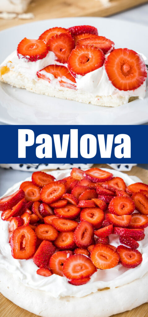 pavlova with strawberries up close for pinterest